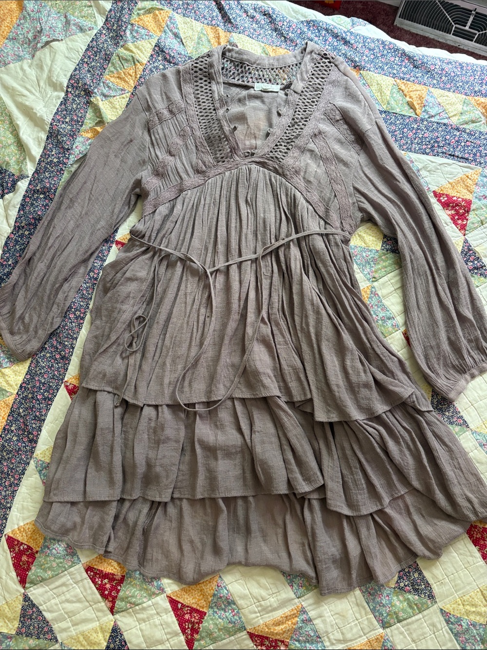 Cotton lavender tiered mini dress long sleeve-xl